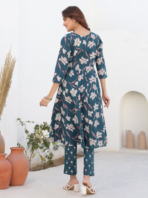 Janasya Women's Teal Blue Pure Cotton Floral Printted A line Kurta Pant Set